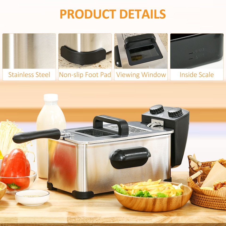 image 1 of HOMCOM 3 Litre Deep Fat Fryer Stainless Steel with Adjustable Temperature, 60min Timer, Removable Oil Basket, Viewing Window and Safety Cut Out, 2000W