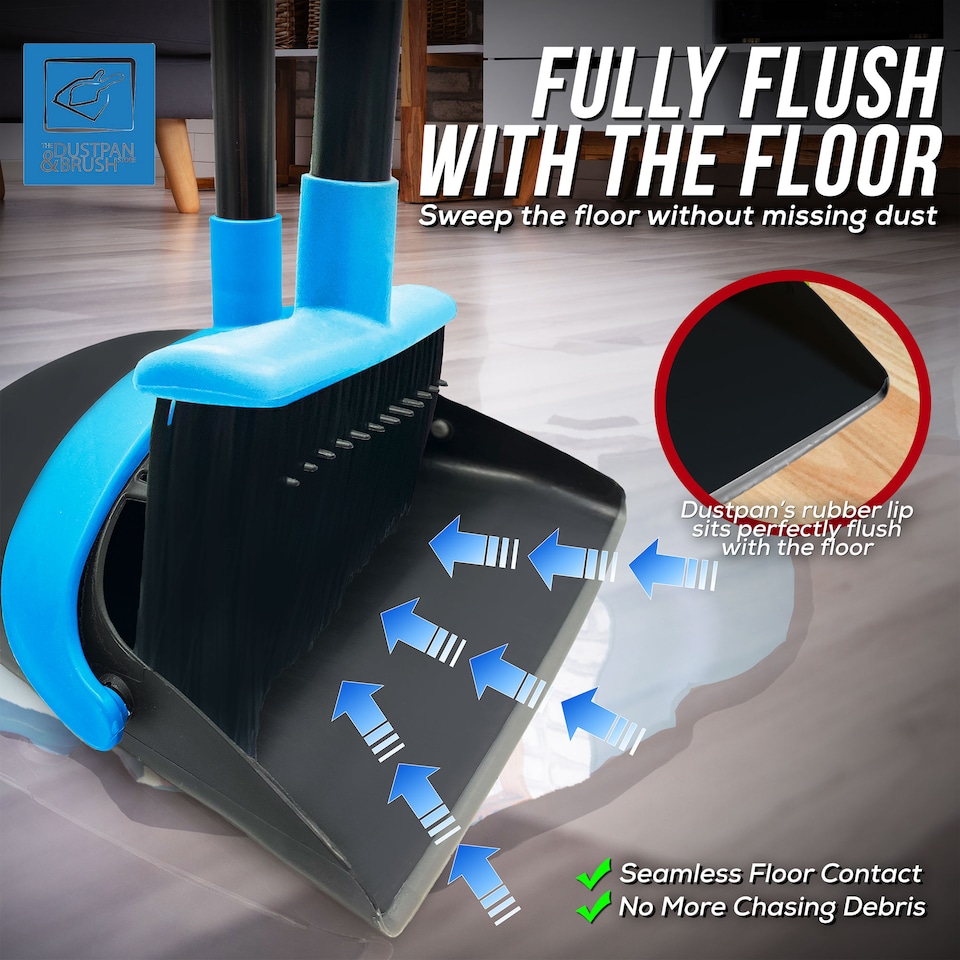image 1 of Long Handled Dustpan and Brush Set Upright Sweeping Broom with Built-In Bristle Cleaner