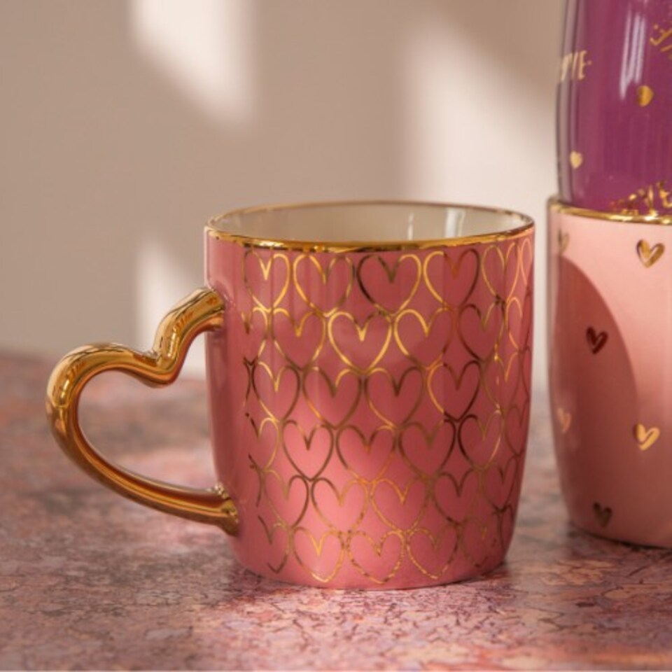 image 1 of Luxury Heart Handle Ceramic Mug 350ml with Gold Detail and Romantic Print | Pink | Cherry Blossom | 350ml | 1