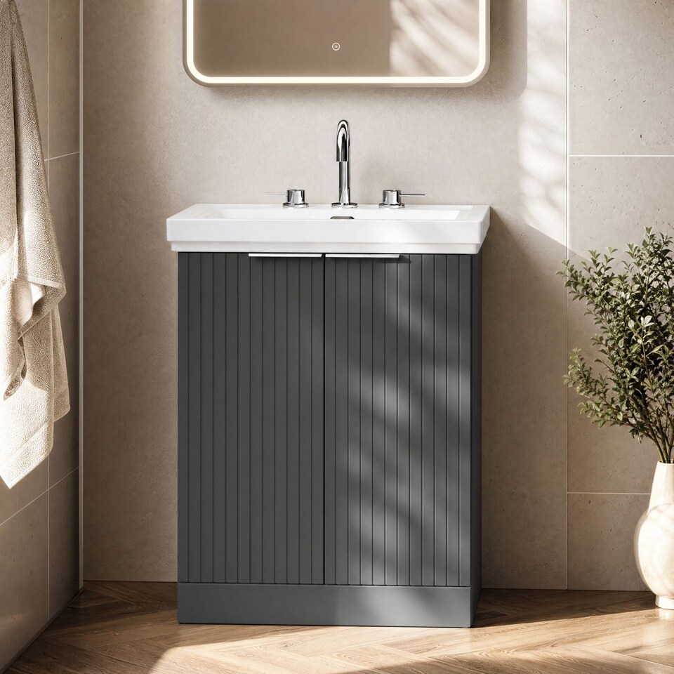 image 1 of Balterley Callingwood Contemporary Floor Standing 2 Door Vanity Unit with Traditional 3 Tap Hole Fireclay Basin , 600mm, Dark Grey