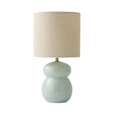 ValueLights Kendal Natural Linen Shade Blue Glazed Ceramic Table Lamp and Bulb