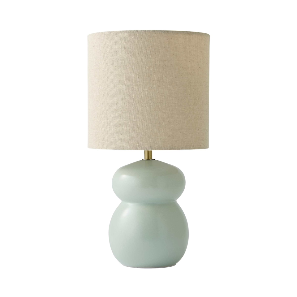 image 1 of ValueLights Kendal Natural Linen Shade Blue Glazed Ceramic Table Lamp and Bulb