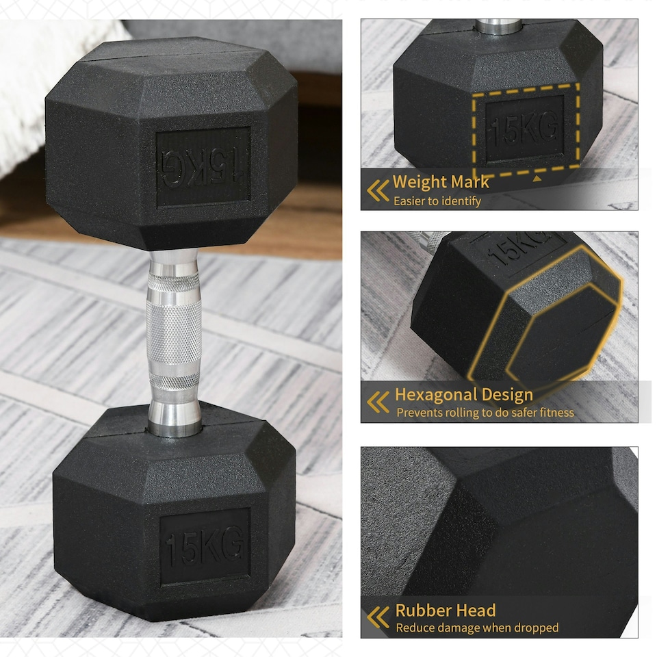 image 1 of HOMCOM 15KG Single Rubber Hex Dumbbell Portable Hand Weights for Home Gym