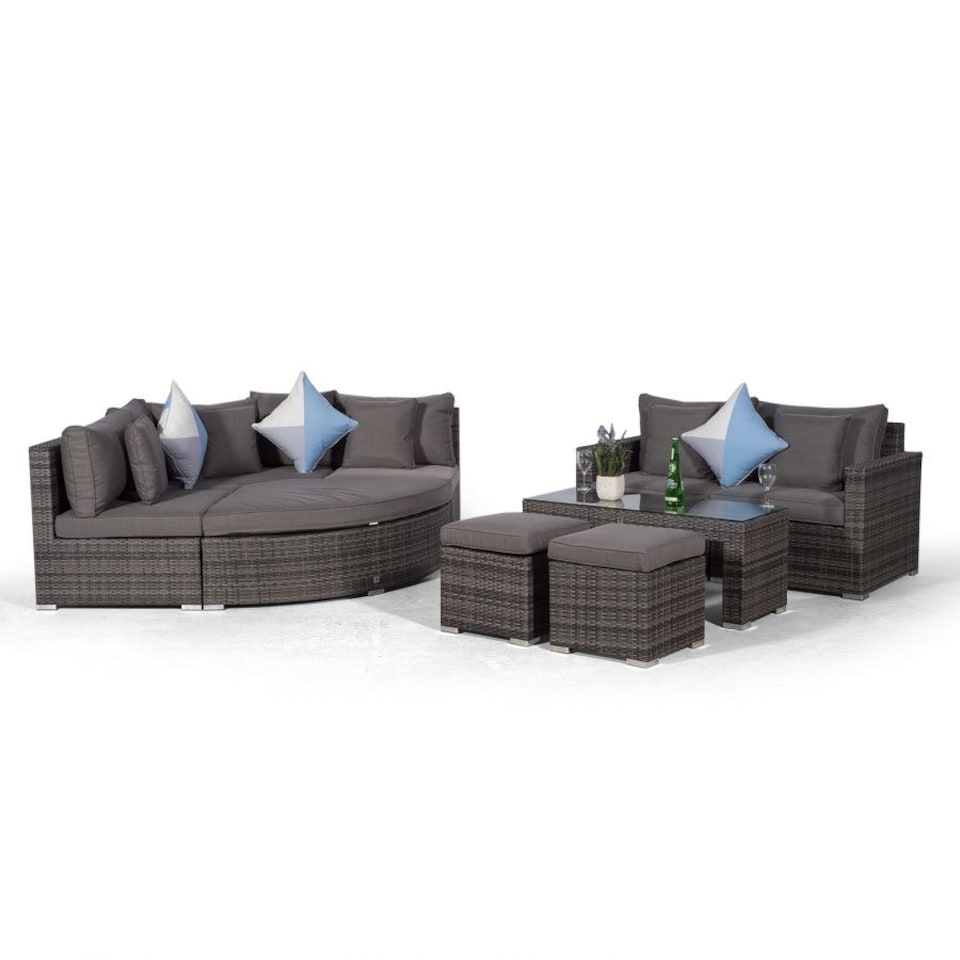 image 1 of Santorini L Shape Modular 5 Seat Rattan Corner Sofa Set With Daybed Ottoman, Large Coffee Table & 2 Stools Grey | Grey