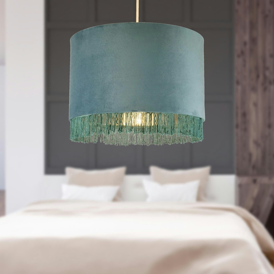 image 1 of First Choice Lighting Set of 2 Teal Velvet With Chrome Inner Tassled Light Shades Green | Chrome