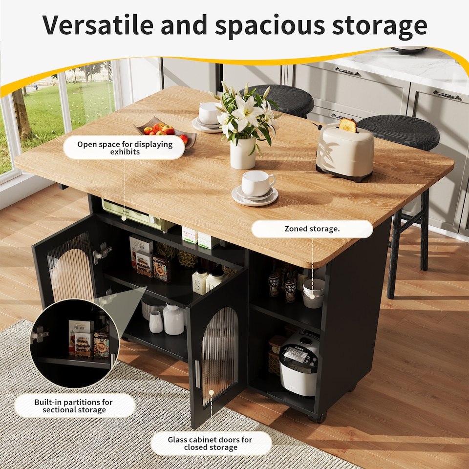 image 1 of VILUXE Kitchen island, kitchen cabinet, removable serving trolley, buffet cabinet, dining trolley with wood grain, buffet cabinet, multifunctional dining table with storage space, Black