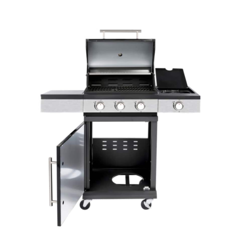 image 1 of 3 + 1 Burner Gas BBQ Grill with Built-in Thermometer, Folding Shelves & Warming Rack