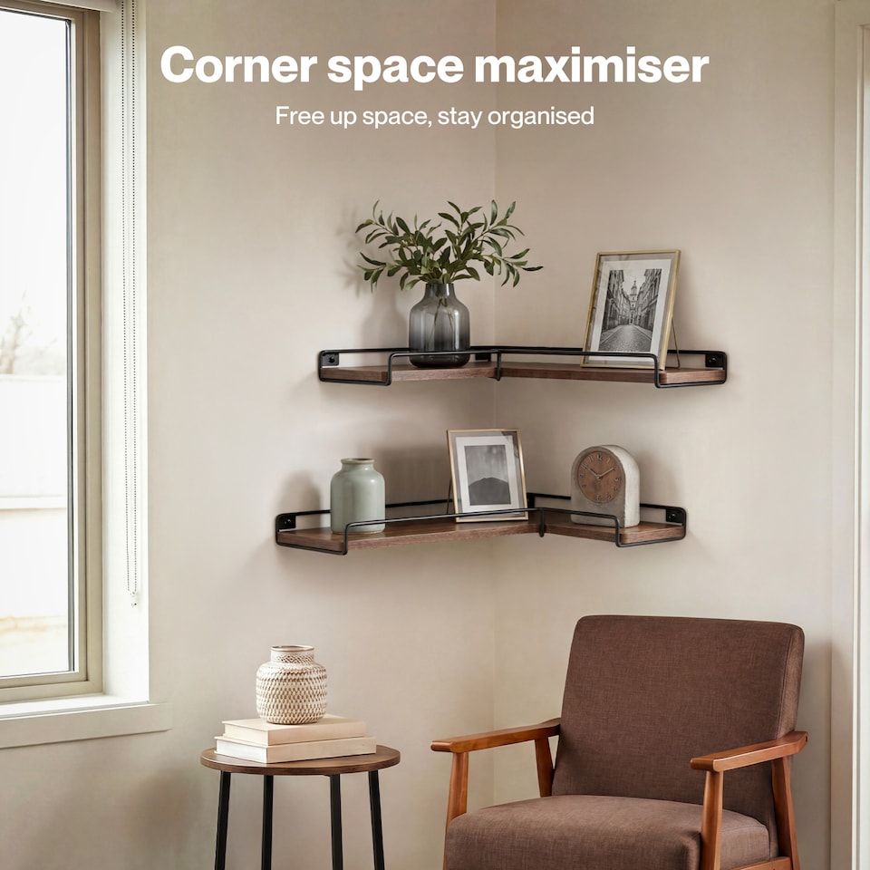image 1 of Levede Floating Shelves Set 2PC L-Shaped Corner Shelf Wall Mounted Wood Brown