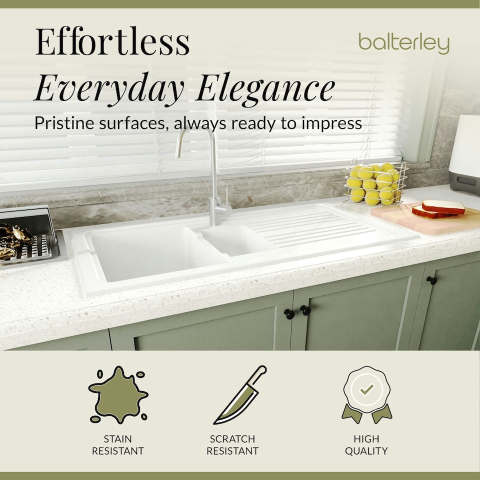 image 1 of Fireclay Kitchen Drop In Sink - 1.5 Bowls & Grooved Draining Area (Wastes Sold Separately) - White - 1010mm x 525mm - Balterley