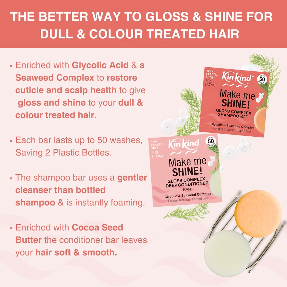 image 1 of KinKind Make me SHINE! Glycolic Acid & Seaweed Shampoo and Conditioner  bar set . Improves Scalp Health & Shine. For Dull & Coloured Hair.