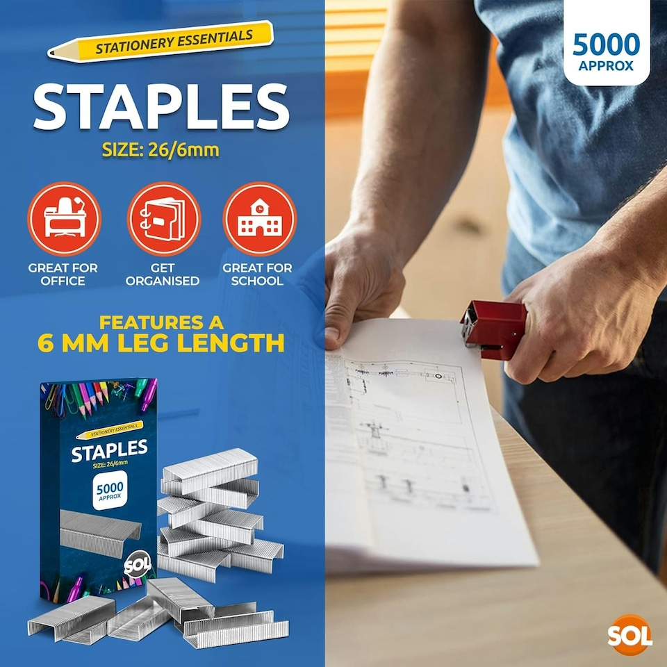 image 1 of SOL 5000pk Staples for Multipurpose Use, Staples 26/6 Standard Size