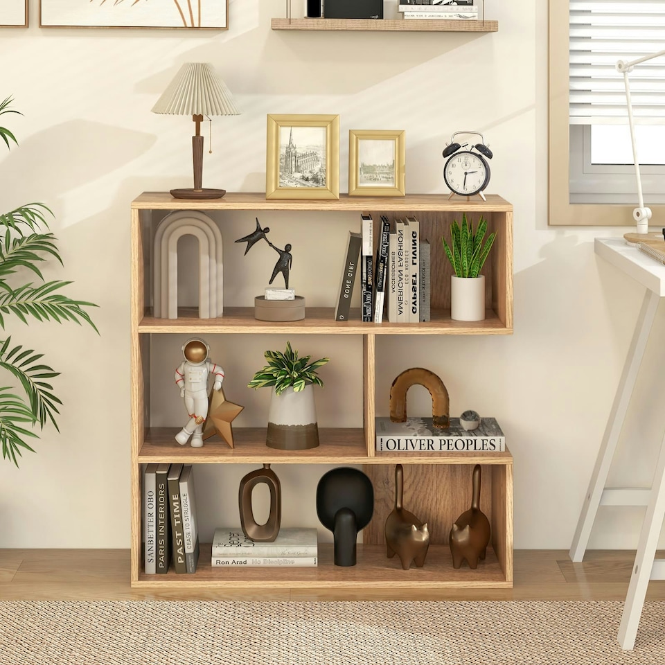 image 1 of COSTWAY 3-tier Bookshelf Concave Open Back Bookcase Brown