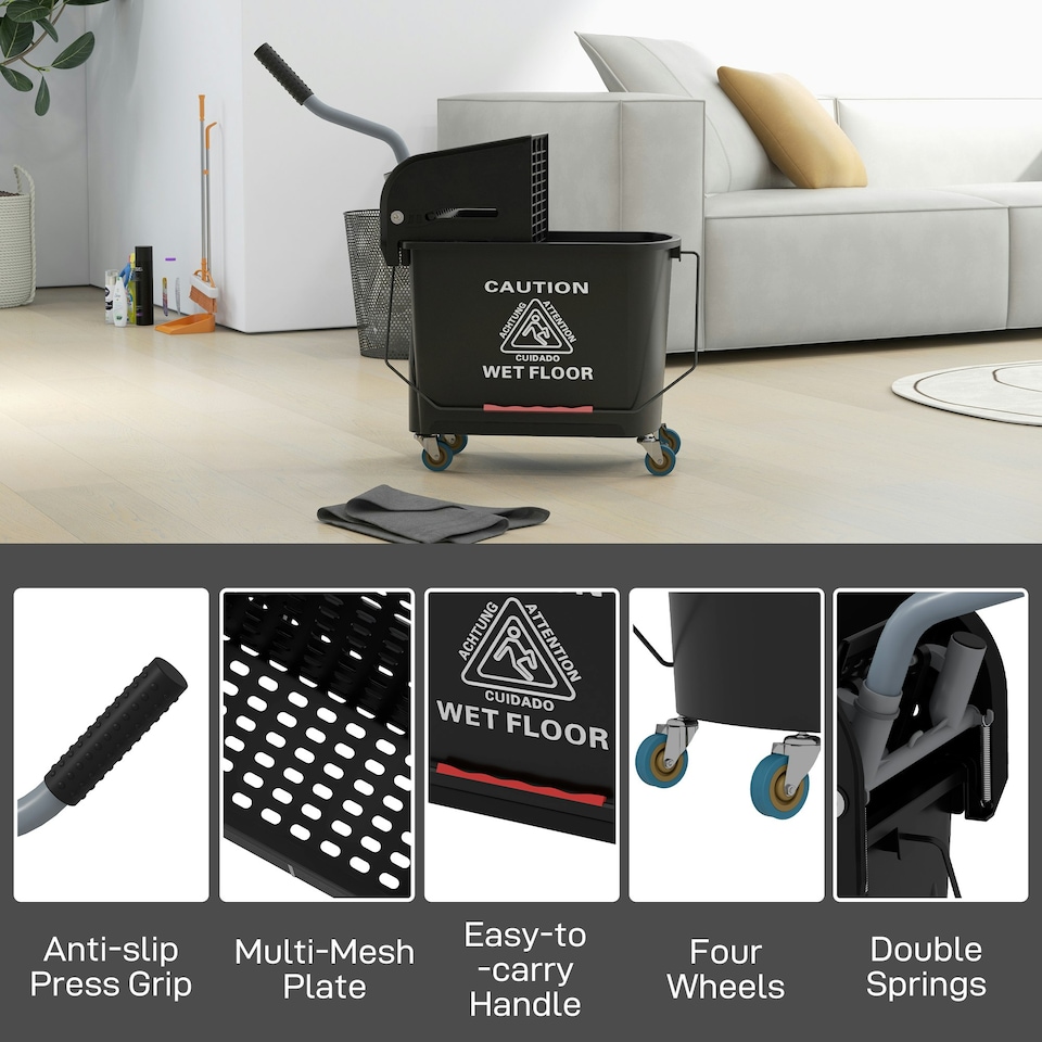 image 1 of HOMCOM 20L Compact Mop Bucket with Wringer on Wheels Black