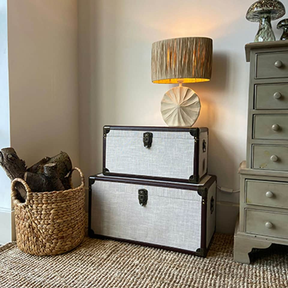 image 1 of Hestia Beige Ceramic Lamp with Raffia Shade Cream | Beige