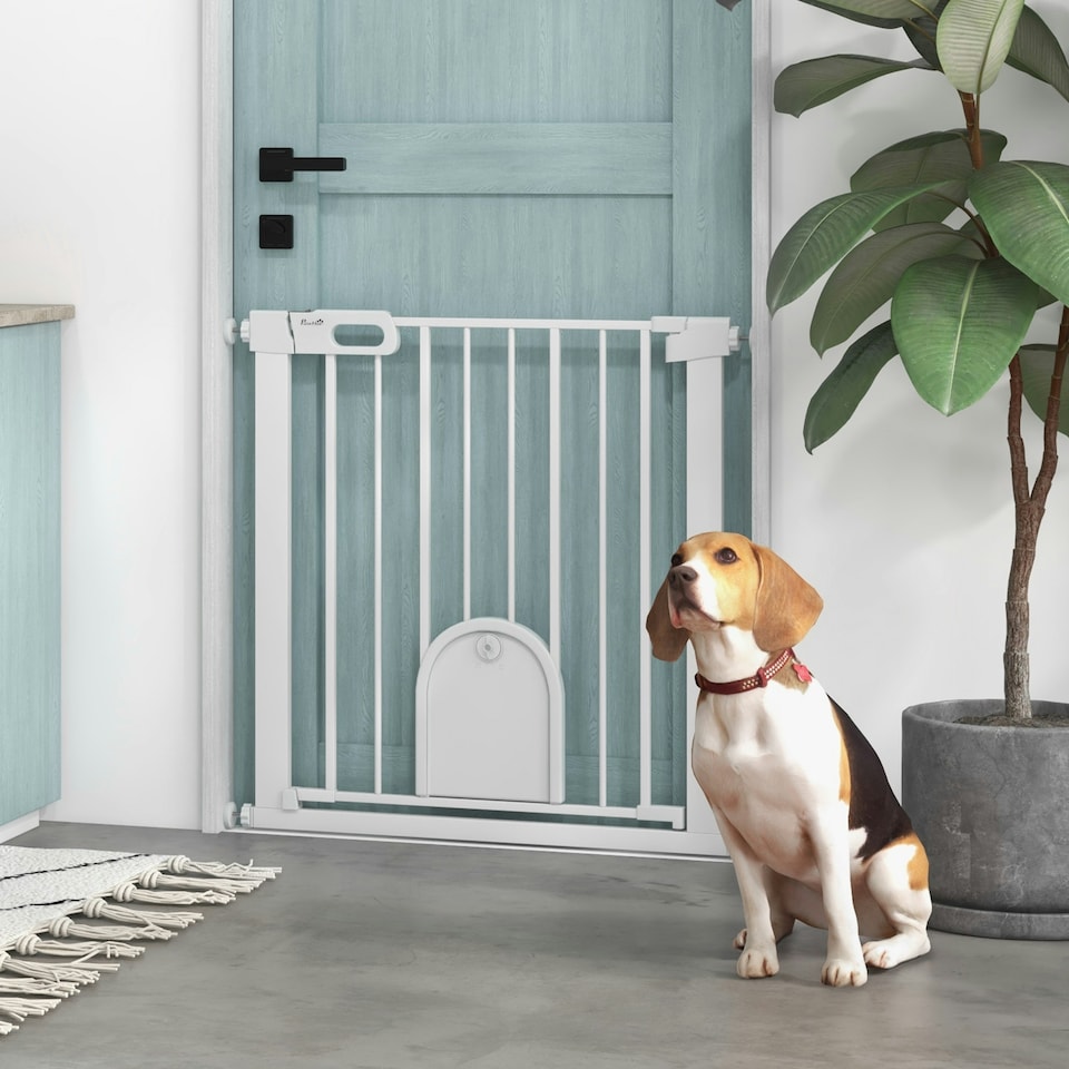 image 1 of PawHut 75-82 cm Pet Safety Gate Pressure Fit Stair w/ Small Door Double Locking