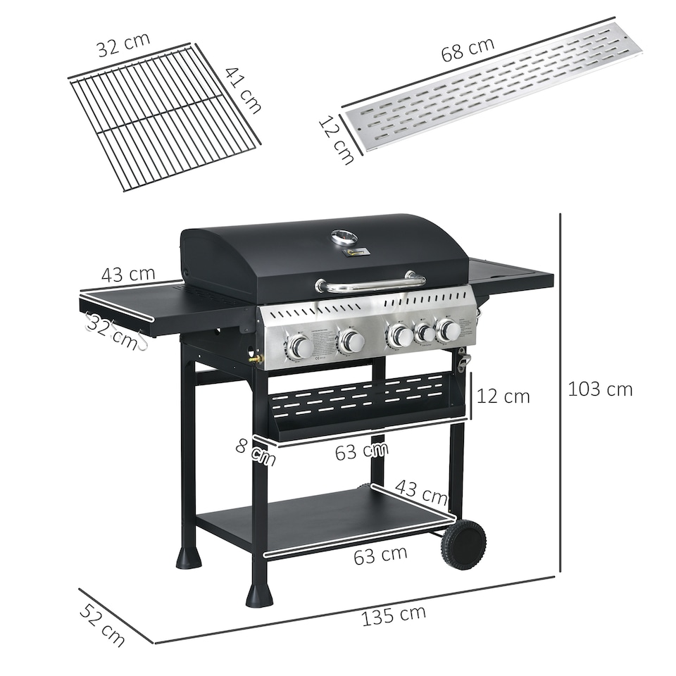 image 1 of Outsunny 4+1 Burner Propane Gas Barbecue Grill with Thermometer, Bottle Opener