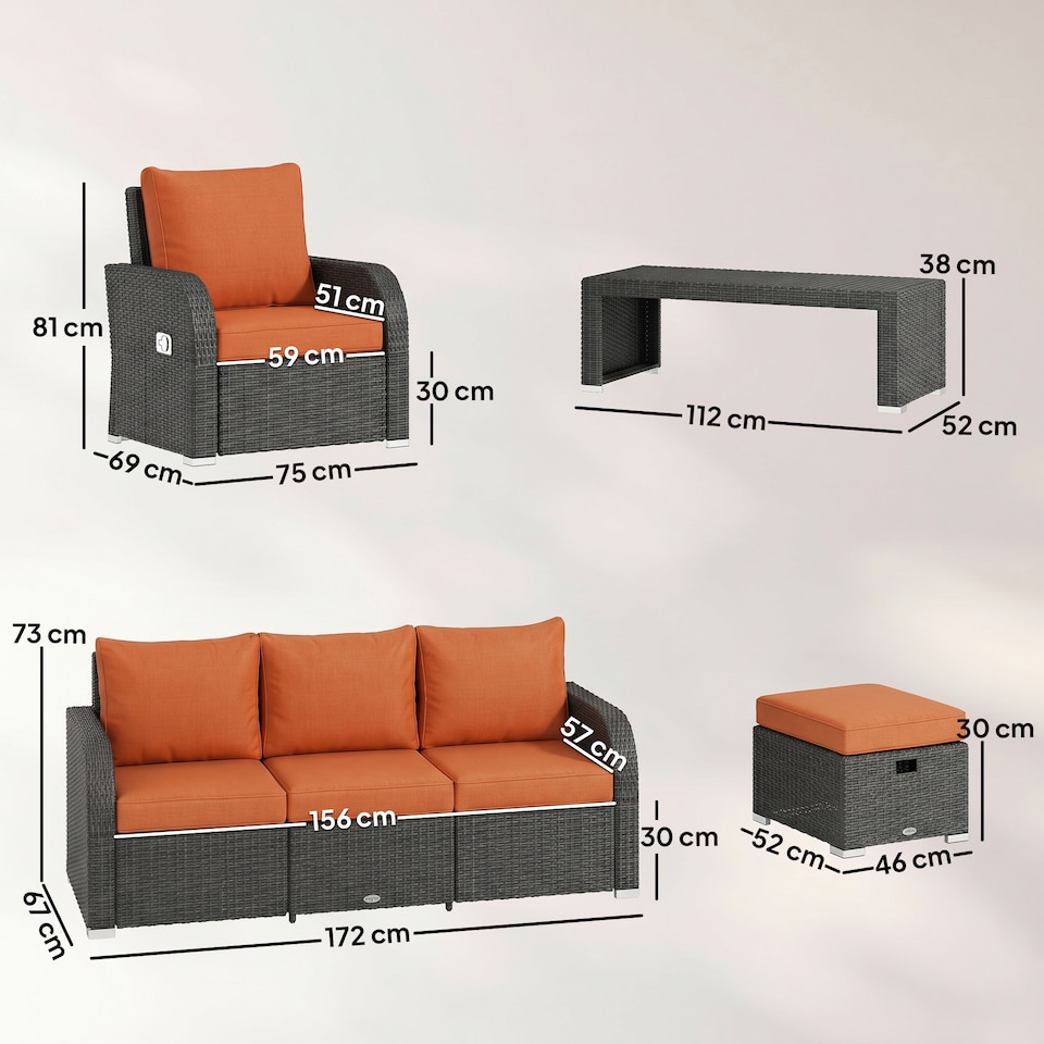 image 1 of Outsunny Rattan Garden Furniture Set with Recliners, Footstools, Orange