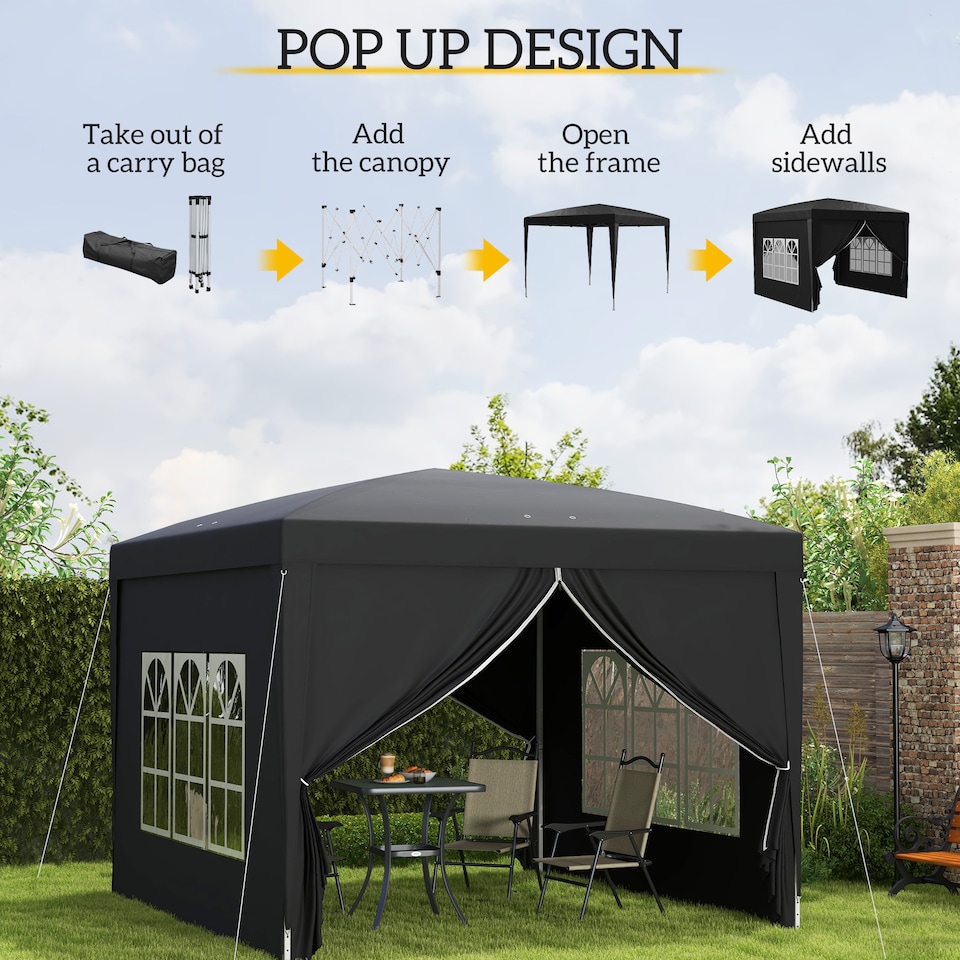 image 1 of Outsunny 3 x 3 m Garden Pop Up Gazebo, Wedding Party Tent Marquee, Water Resistant Awning Canopy with Sidewalls, Windows, Carry Bag | Black | Black