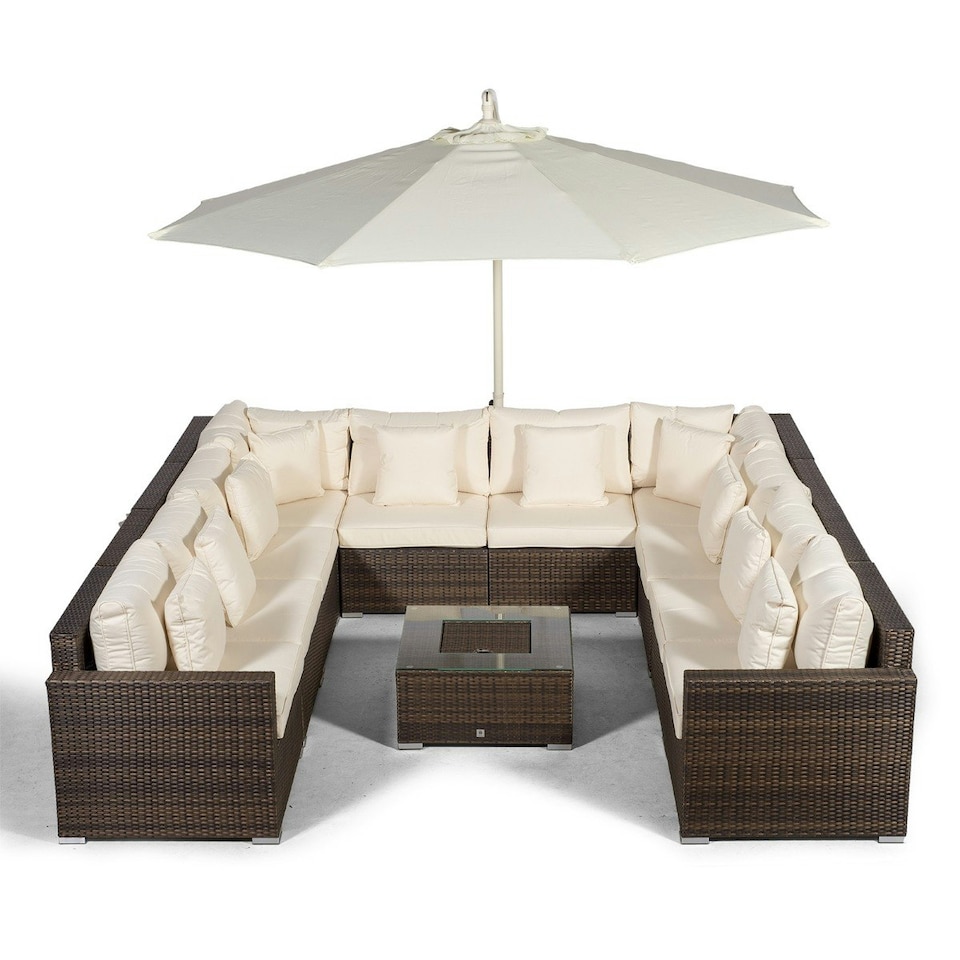 image 1 of Havana 10 Seat Rattan Sofa Conversation Set with Ice Bucket Coffee Table Brown | Ivory