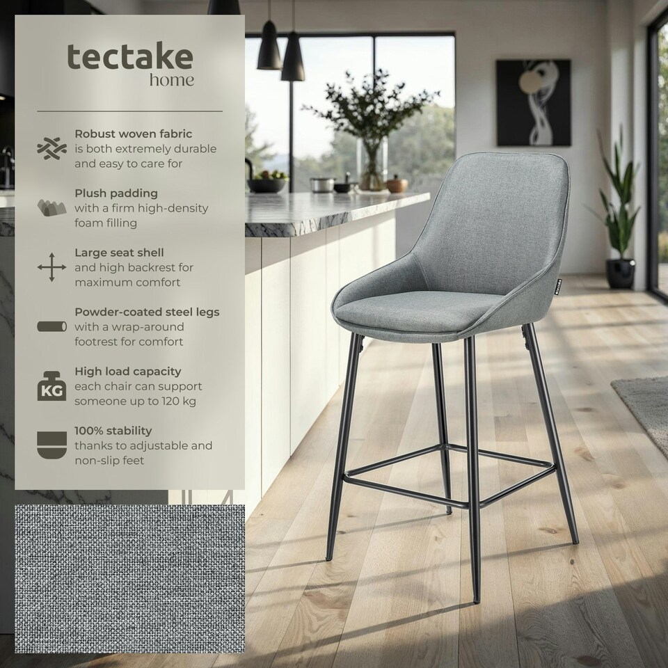 image 1 of Bar Stool Siera with backrest, padding and soft fabric - Set of 4 Grey | Woven Fabric Grey/Black