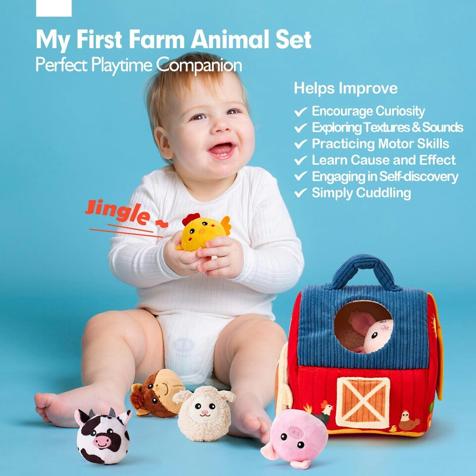 image 1 of Plush Barn with Stuffed Farm Animals, Rattle, Crinkle Paper & Baby Mirror