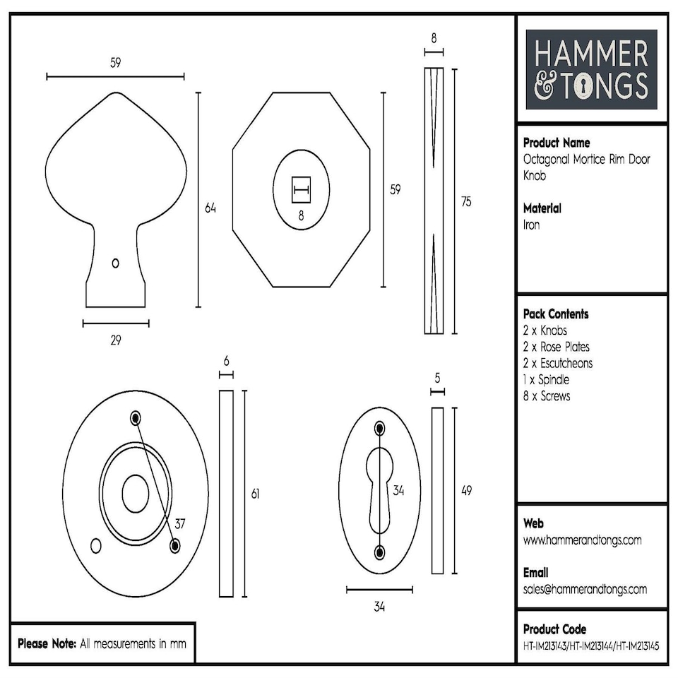 image 1 of Hammer & Tongs Octagonal Rim & Mortice Door Knob - W60mm - Raw | Grey | Raw