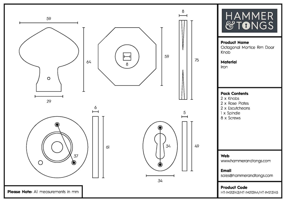 image 1 of Hammer & Tongs Octagonal Rim & Mortice Door Knob - W60mm - Raw | Grey | Raw