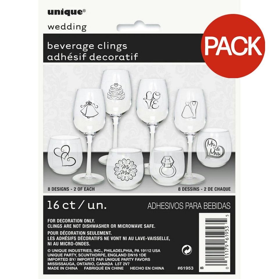 Unique Party Wedding Beverage Cling (Pack of 16) - White/Black - One Size