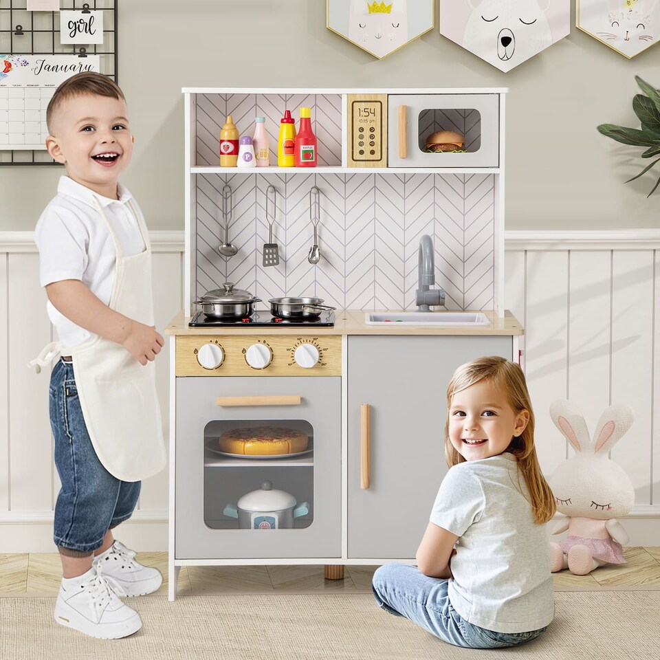 image 1 of COSTWAY Kids Kitchen Playset Pretend Play Kitchen Set with Sounds-White