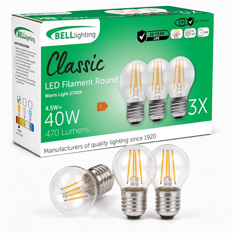 BELL Lighting E27 LED Filament Golf Ball Bulb Non-Dimmable Warm White 470lm 4.5W | Size: Pack of 3