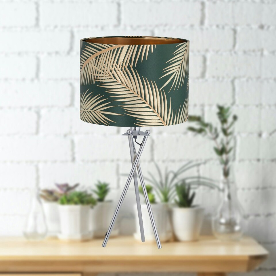 image 1 of First Choice Lighting Set of 2 Tropica Chrome Tripod Table Lamps with Dark Green and Gold Leaf Embossed Shade Chrome | Green
