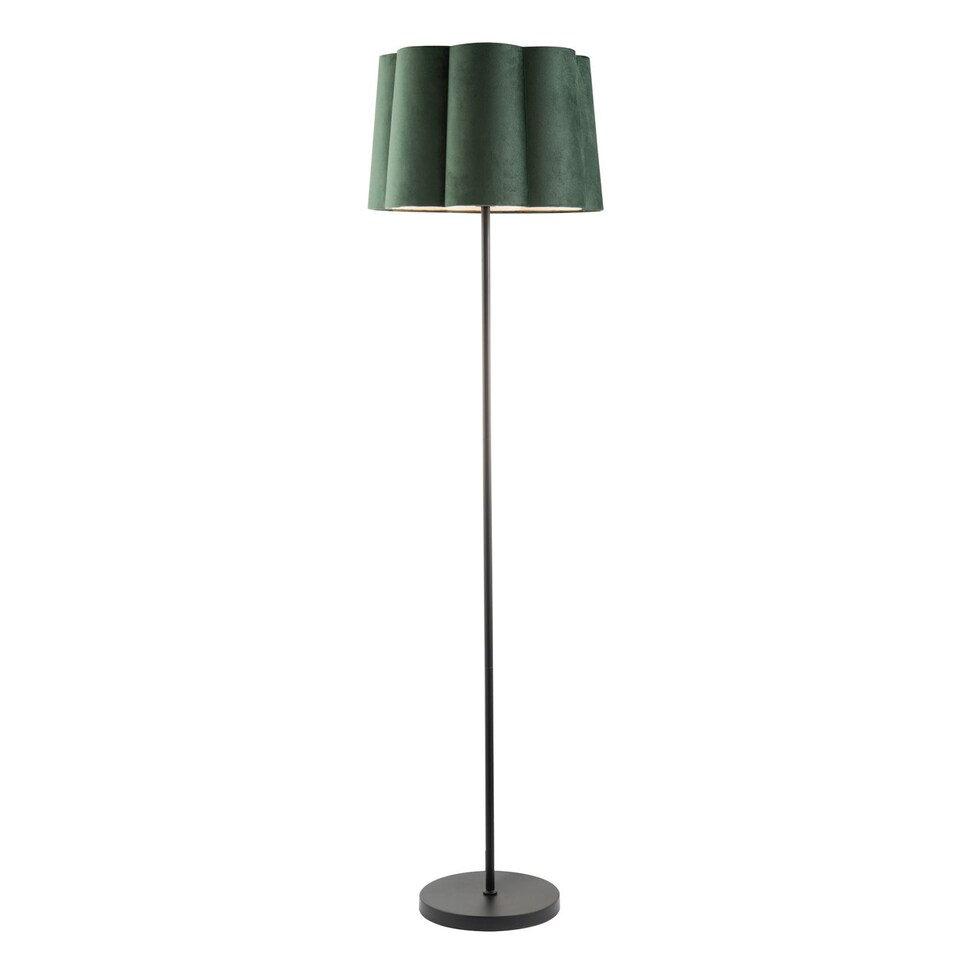 image 1 of Modern Matte Black Floor Lamp with Forest Green Velvet Scallop Shade