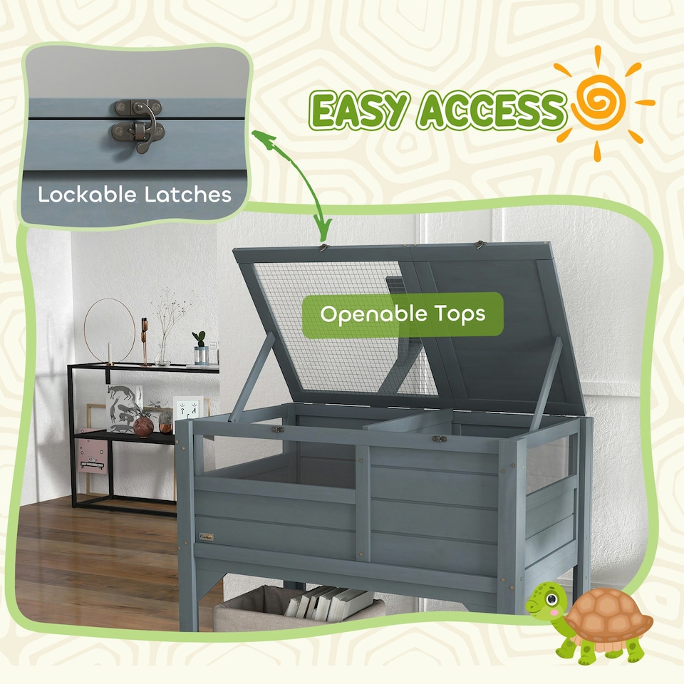 image 1 of PawHut Wooden Tortoise House w/ Run, Shelter, Shelf, Lamp Holder, Grey