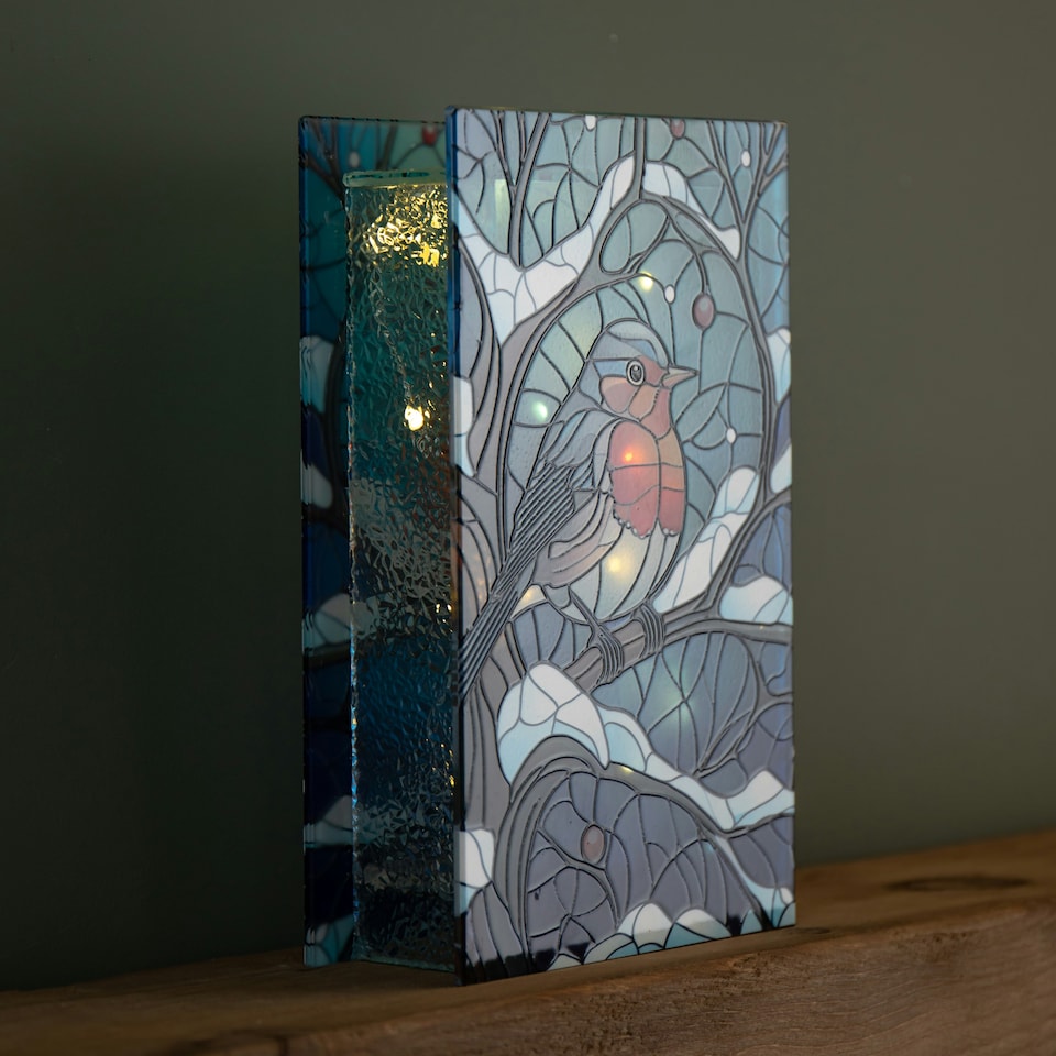 image 1 of 21cm Battery Operated Light up Stained Glass Christmas Decoration with Robin Scene & Warm White LEDs