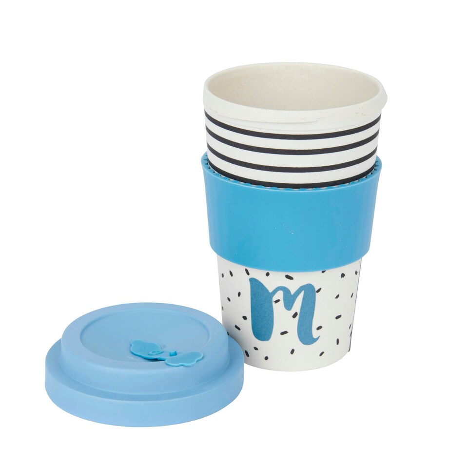 image 1 of KitchenCraft 410ml Travel Mug, Bamboo Coffee Cup - Letter 'M' | Blue | 1