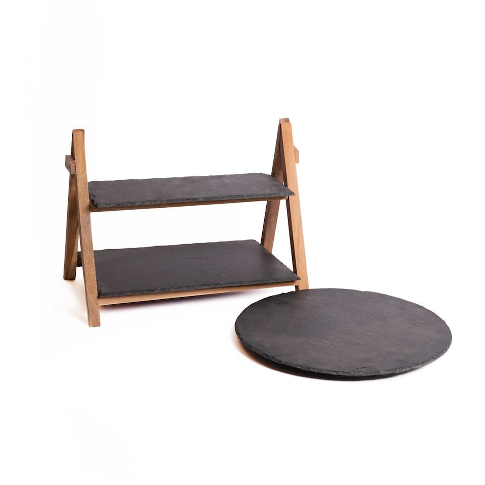 image 1 of 2pc Slate Serving Set including Turntable and Wood Stand with Two Serving Platters | Black