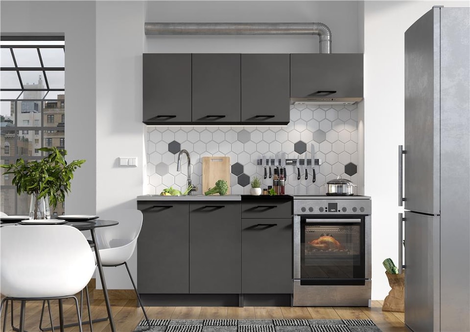 image 1 of Kitchen Cabinets 5 Units Black Grey Complete Kitchenette Small Set 180cm DIY Fitted Kitchen Package with Worktop Lina
