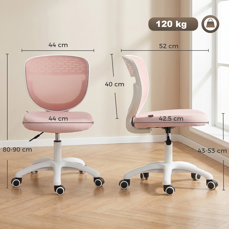 image 1 of HOMCOM Armless Office Chair with Mesh Back, Pink