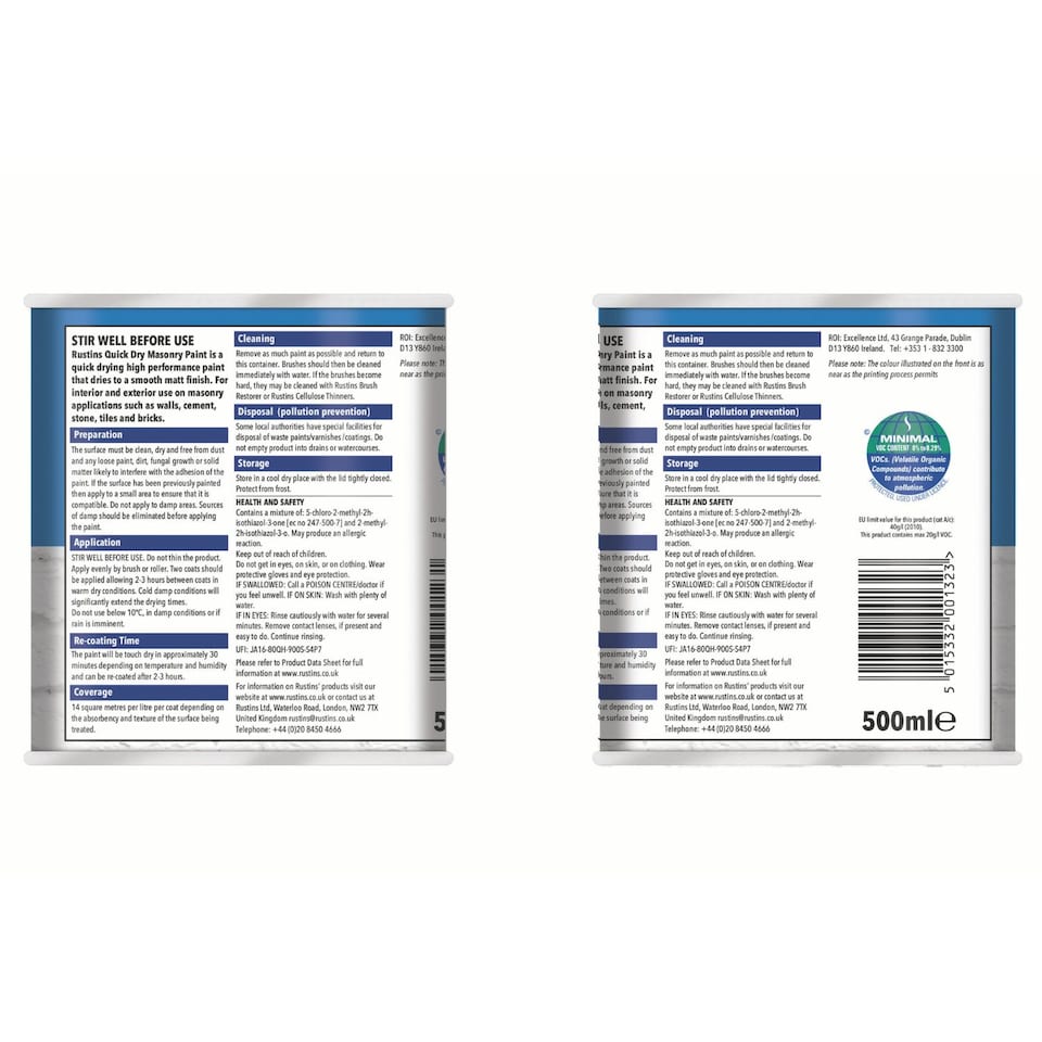 image 1 of Rustins Quick Dry Masonry Paint Matt White 500ml