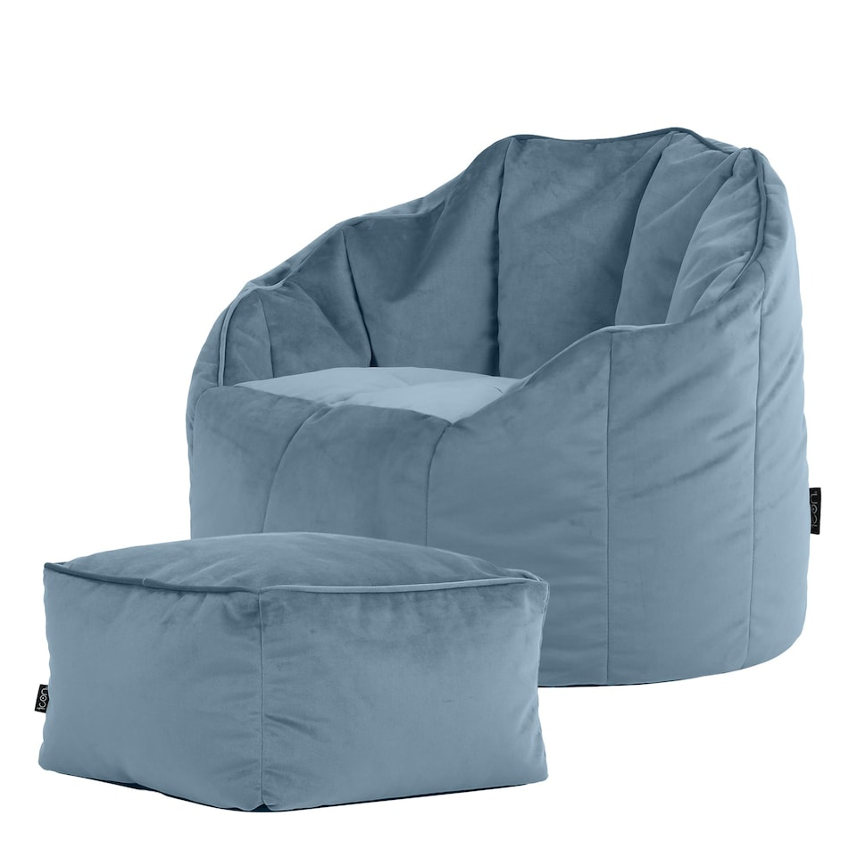 image 1 of icon Sirena Scallop Chair Bean Bag and Footstool Mineral Blue Velvet Bean Bags Blue | Blue