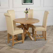 Oregon Round Oak Dining Table with Washington Leather Chairs Cream