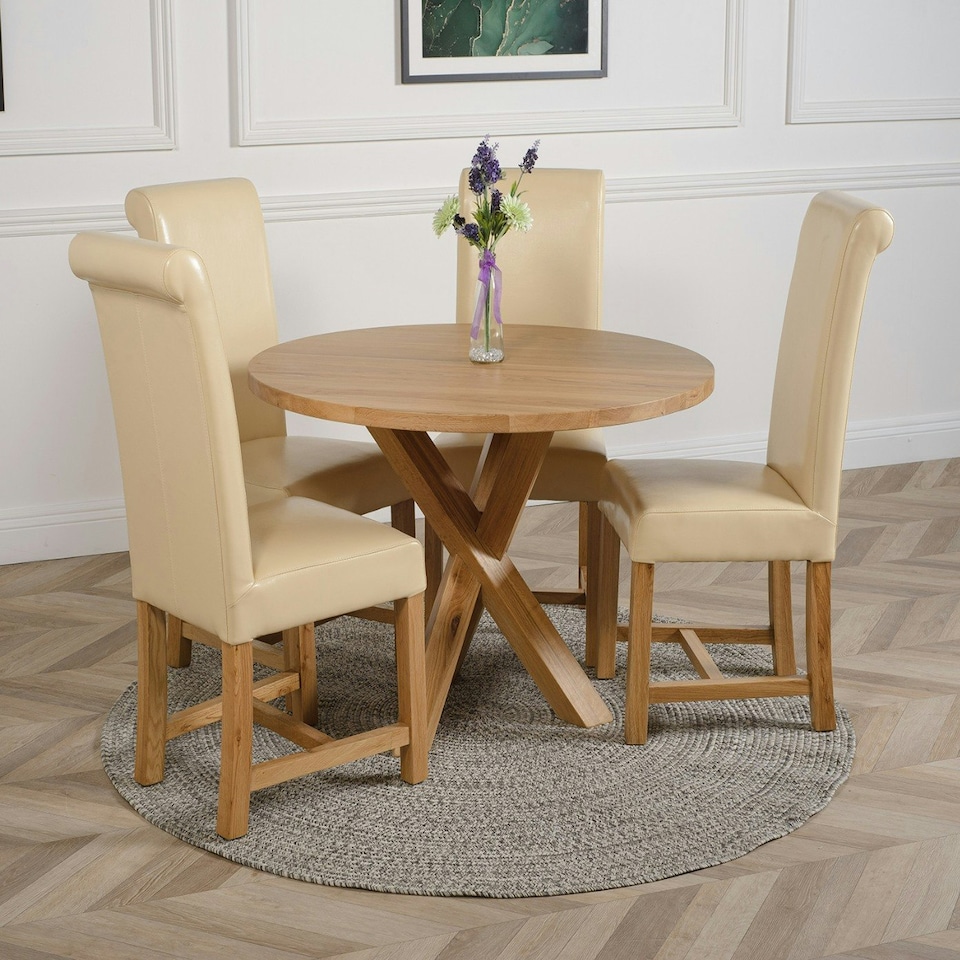 image 1 of Oregon Round Oak Dining Table with Washington Leather Chairs Cream