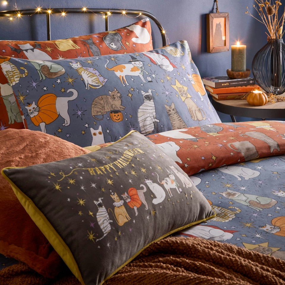 image 1 of furn. Halloween Pawty Printed Reversible Single Duvet Set Orange | Single