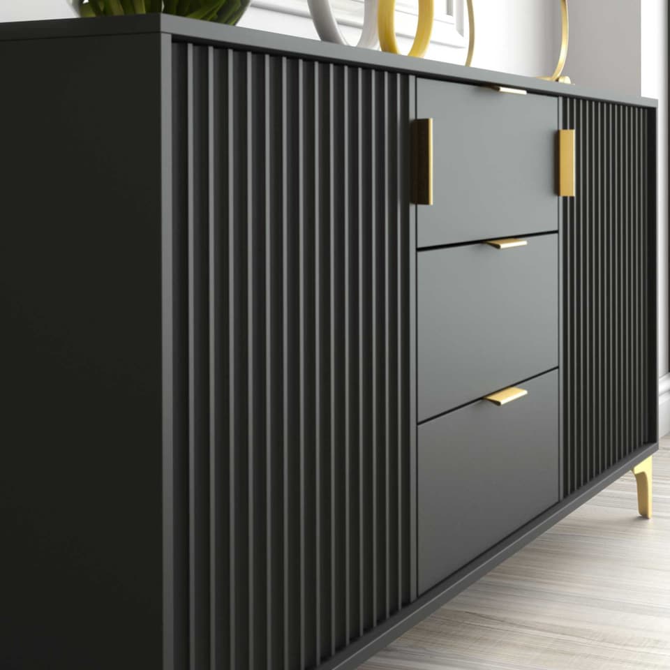 image 1 of Sideboard Cabinet Storage Cupboard Drawers Black Grooved Doors Loft Retro Industrial Living Dining Room Hallway Furniture 140cm