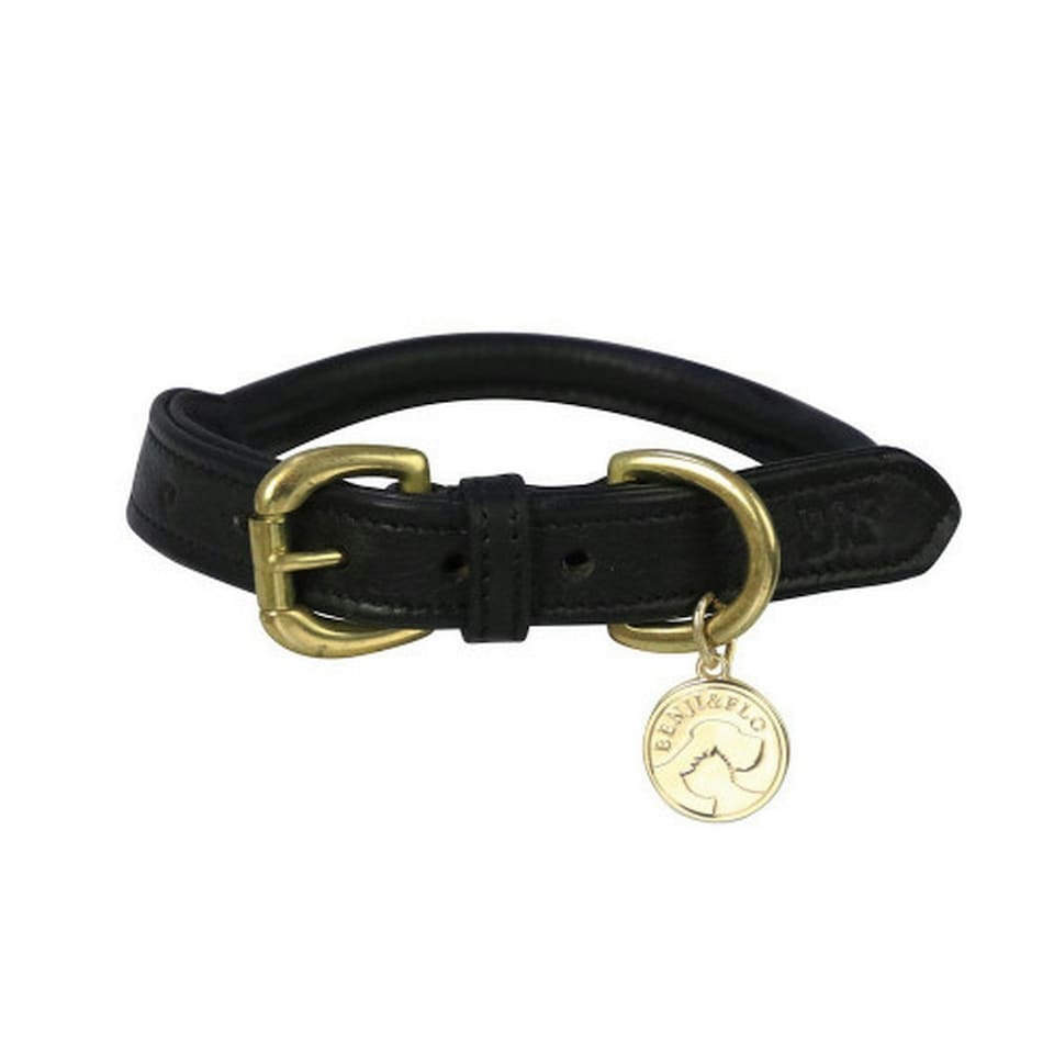 image 1 of Benji & Flo Superior Leather Dog Collar - Black/Brass - Large- Length: 41cm-56cm