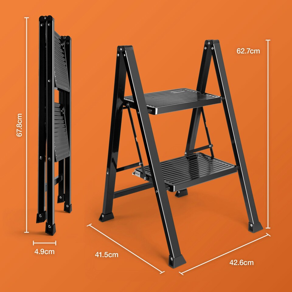 image 1 of VonHaus Slim 2 Step Ladder with Anti Slip Steps and Feet | Black