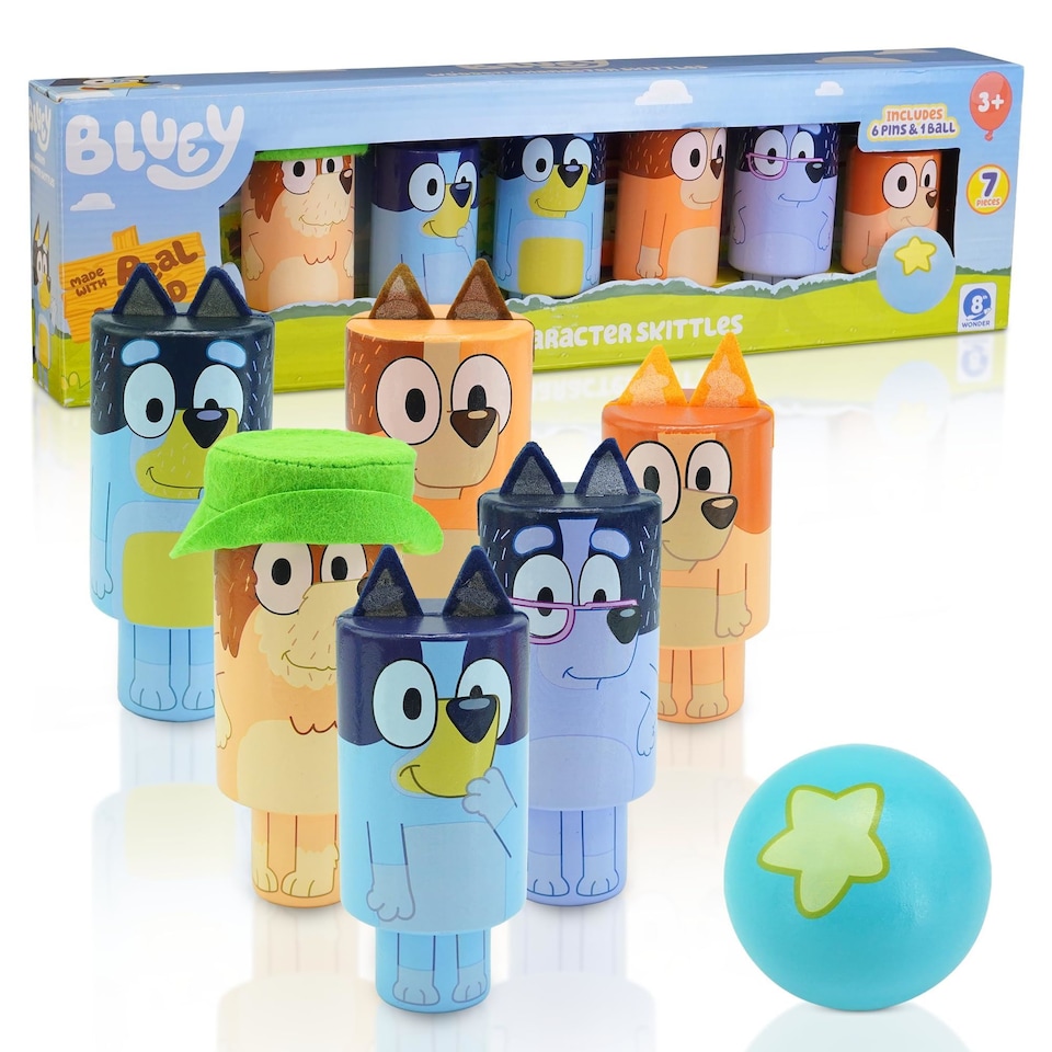 image 1 of Bluey Wooden Skittles Set 7 Piece Indoor and Outdoor Bowling Game for Kids