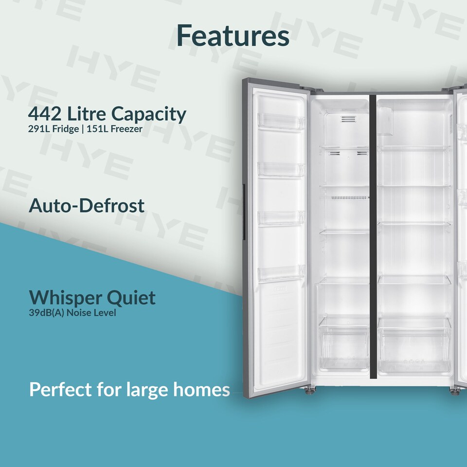 image 1 of HYE 442 Litre No Frost American Fridge Freezer, 91cm, Silver - RF01AM442S01