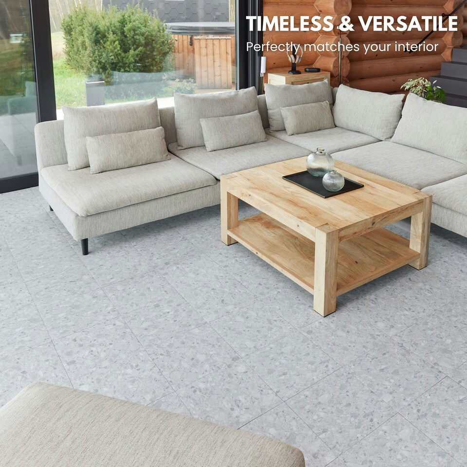 image 1 of NOVECRAFTO Vinyl Floor Tiles Self Adhesive – Peel and Stick 12x12in (30.5x30.5cm) Vinyl Flooring for Kitchen, Bathroom & Living Room – Arctic Terrazzo Design Grey | 3.72 sqm