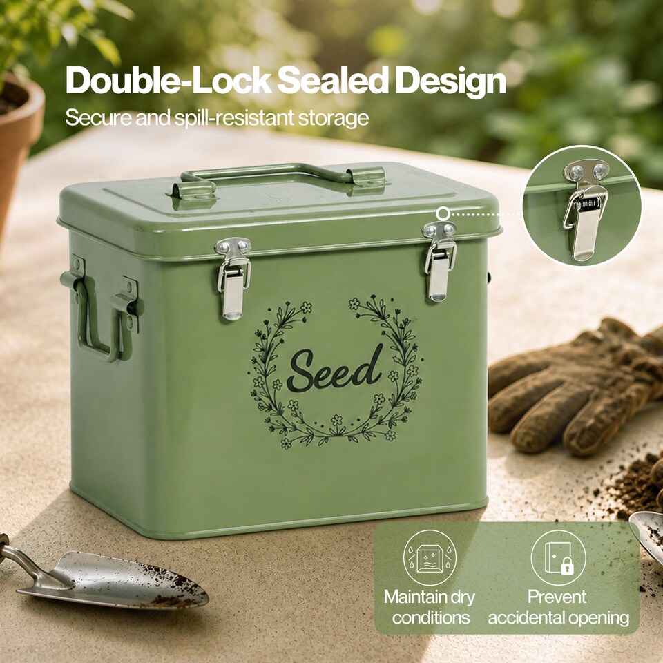 image 1 of TOQUE Seed Storage Box Organiser 3 Compartment Metal Seed Storage Green